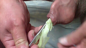 Amateur Gay Uses Spring Onion And Scissors In Foreskin