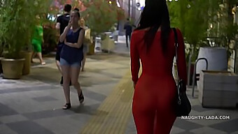 Public Shenanigans With A Red Transparent Dress And Big Boobs